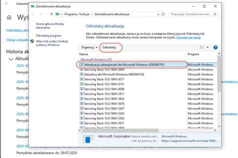odinstalowanie aktualizacji funkcji Windows
