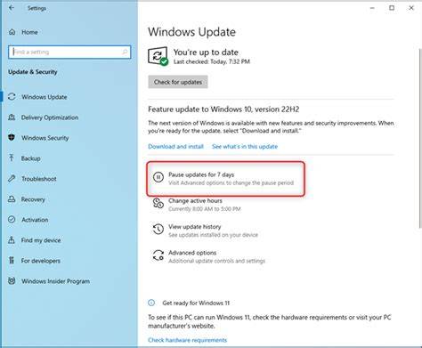 menu ustawień Windows 10 wstrzymaj aktualizacje