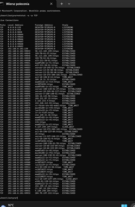 Lista aktywnych połączeń TCP