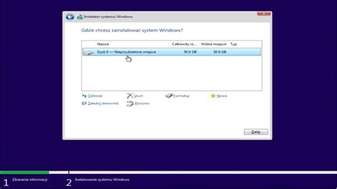 Wybór instalacji i dysku do Windows