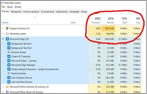 Menu Menedżer zadań zakładka Pamięć