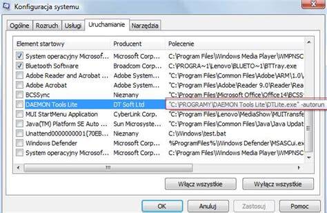 Okno msconfig zakładka Uruchamianie