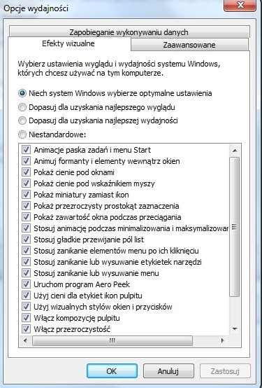 Ustawienia efektów wizualnych Windows 7